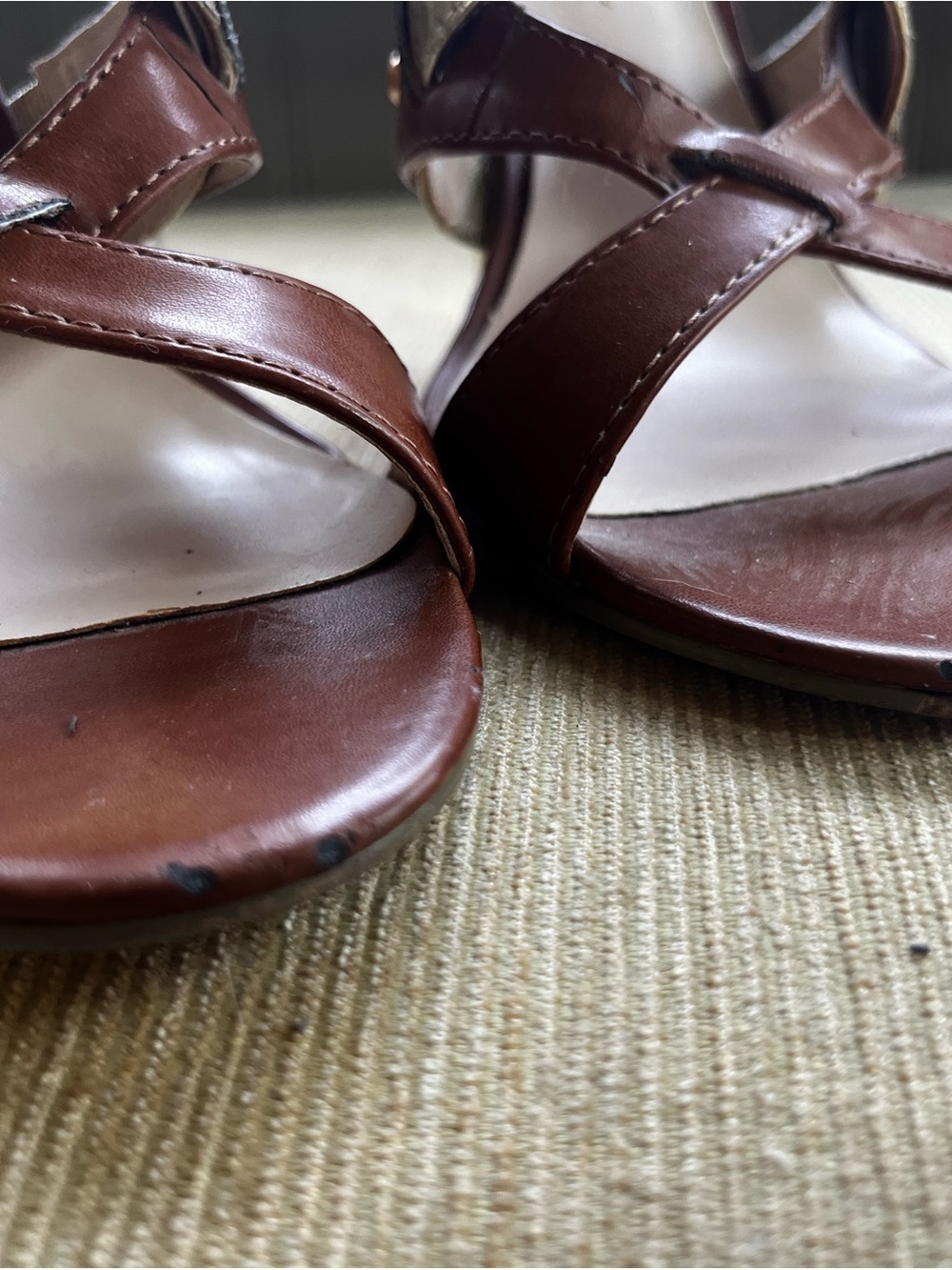 Women’s Brown Leather Strappy Heeled Sandals with Gold Accent - Picture 7 of 9
